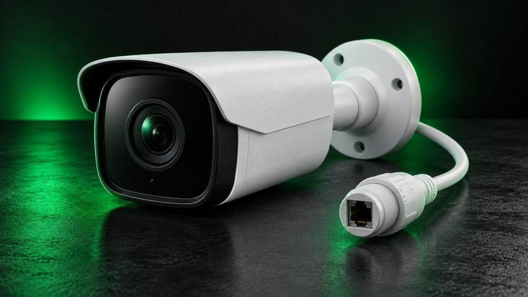 A white bullet surveillance camera with a female RJ45 socket on its short pigtail, against a black background with green lighting.
