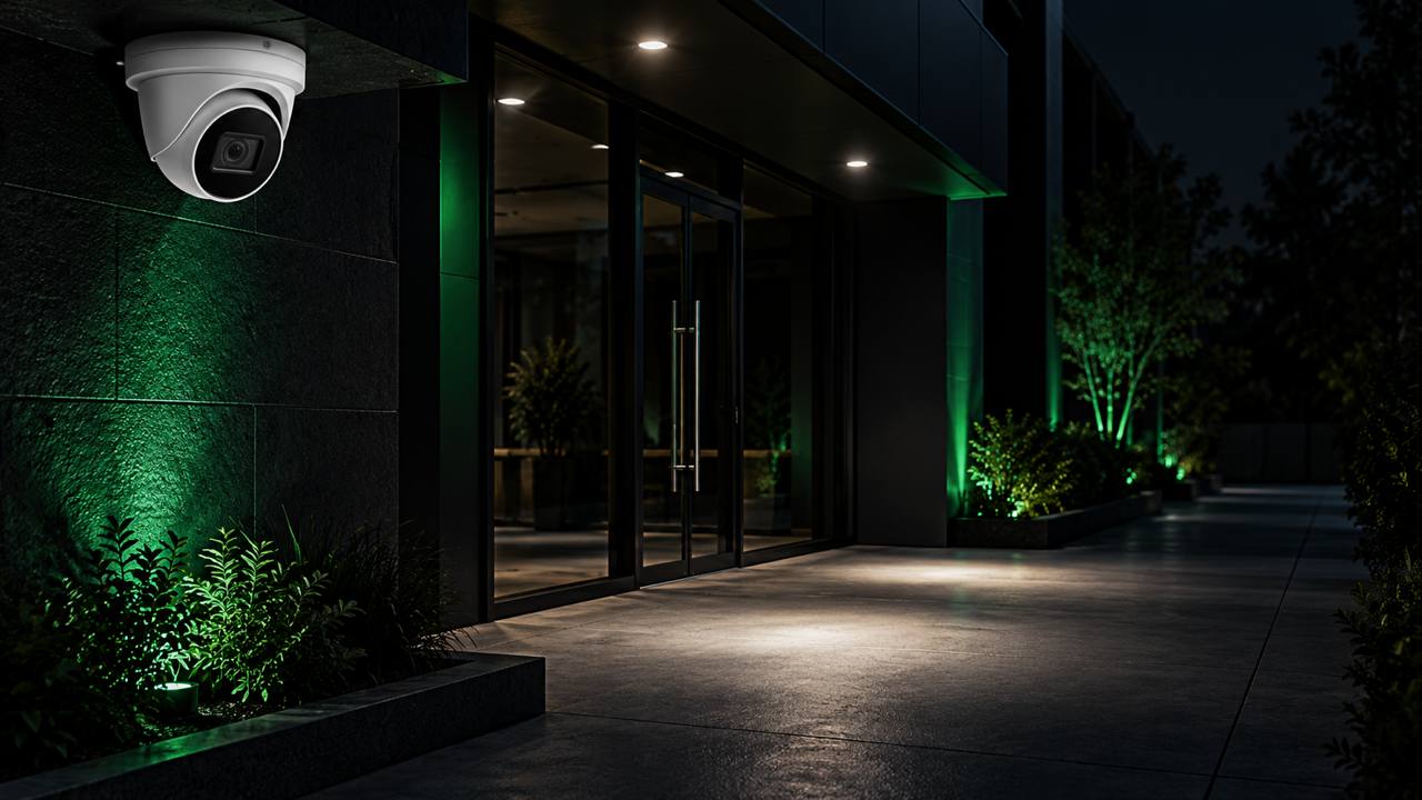 A white turret security camera overlooks an empty storefront entrance at night with white walkway lights and green architectural accents.